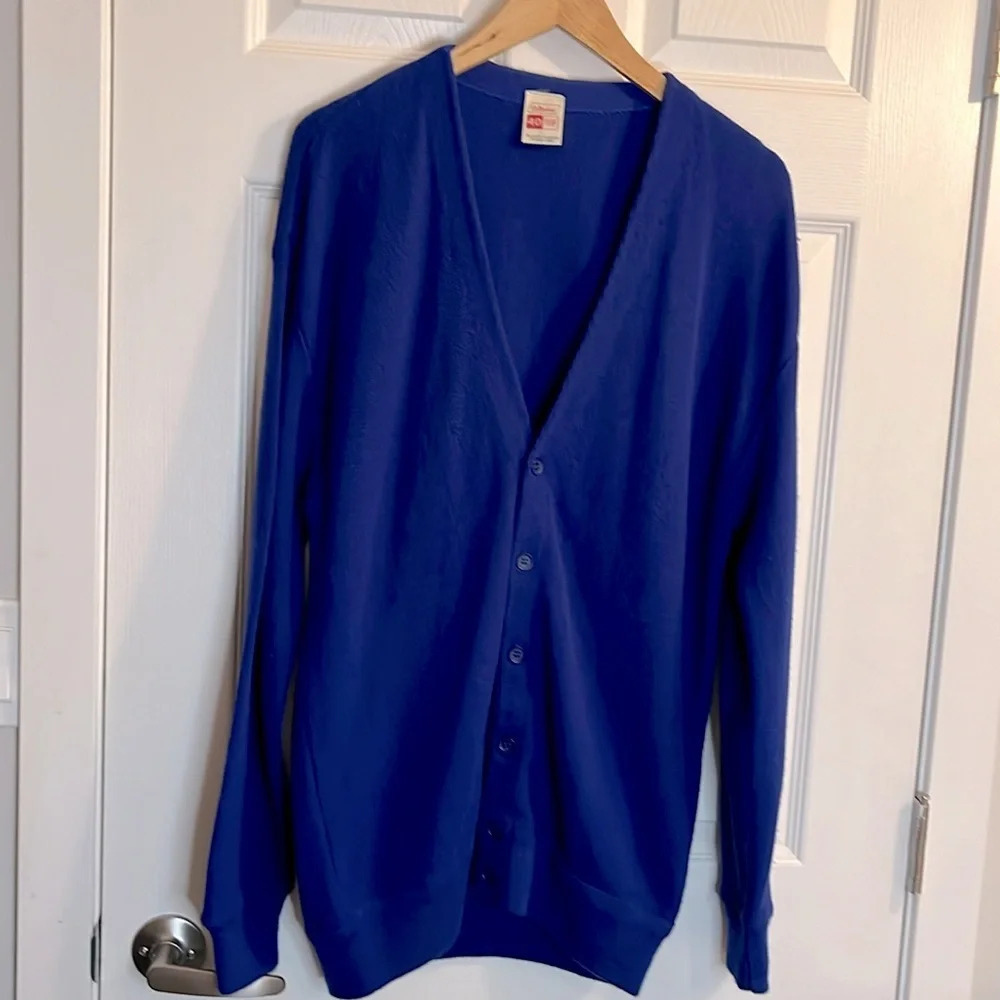 St Michael Vintage 80s Acrylic Long Cardigan Women Royal Blue buttons v neck